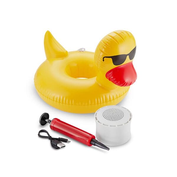 Inflatable yellow duck with sunglasses next to a red air pump and a white portable speaker on a white background.