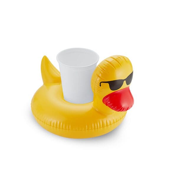 Inflatable yellow duck drink holder with sunglasses and red beak, holding a white cup, isolated on a white background.