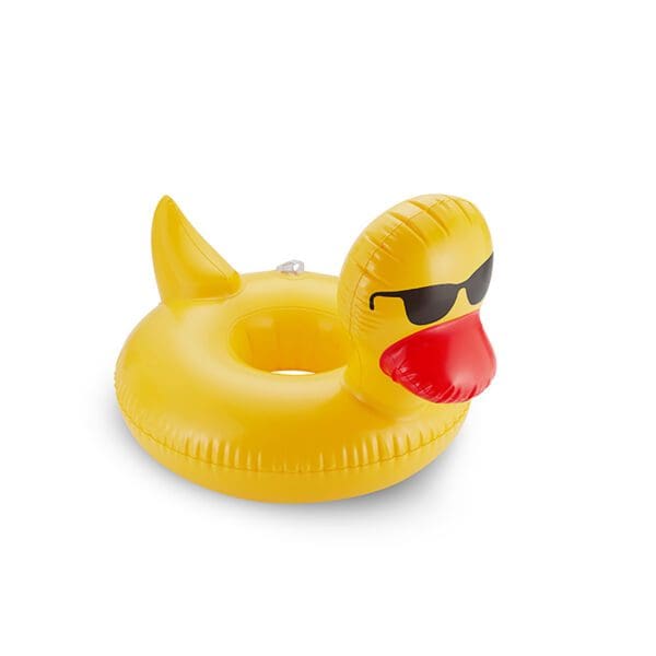 Yellow inflatable duck pool float with sunglasses and red lips, isolated on a white background.