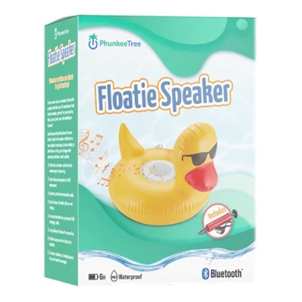 Packaging of a phunkeetree floatie speaker shaped like a yellow duck, featuring waterproof and bluetooth capabilities.
