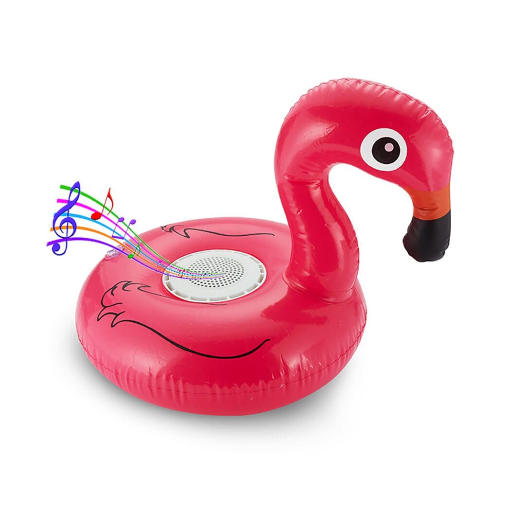 Inflatable red flamingo pool float with a built-in speaker emitting colorful music notes, isolated on a white background.