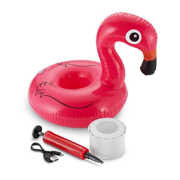 Inflatable pink flamingo pool float with a hand pump and wireless speaker on a white background.