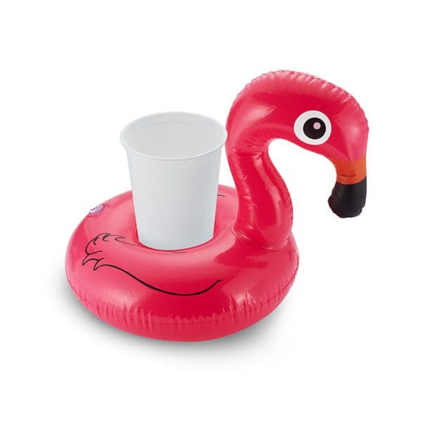 Inflatable flamingo-shaped drink holder with a white cup placed in the center on a white background.
