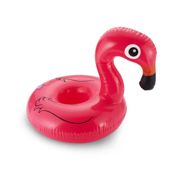 Inflatable pink flamingo pool float with a black-tipped beak, isolated on a white background.