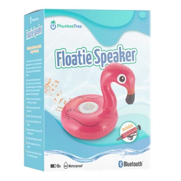 Product packaging of a phunkeetree floatie speaker shaped like a pink flamingo, highlighting waterproof and bluetooth features.