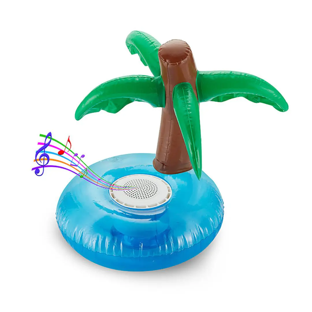 Inflatable palm tree-shaped floating speaker with music notes, isolated on a white background.