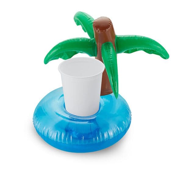 Inflatable drink holder shaped like a palm tree on a blue float, holding a white cup on a white background.