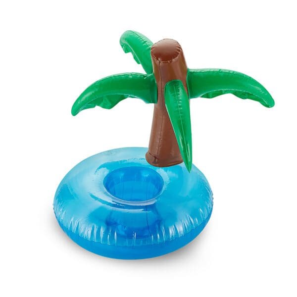 Inflatable palm tree beverage cooler in blue and green, isolated on a white background.