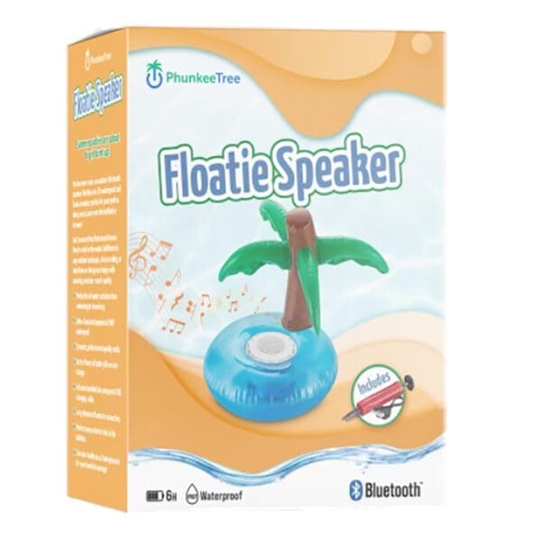 Packaging for a "phunkeetree floatie speaker" designed to look like a palm tree on a blue floatation ring, highlighting its waterproof and bluetooth features.