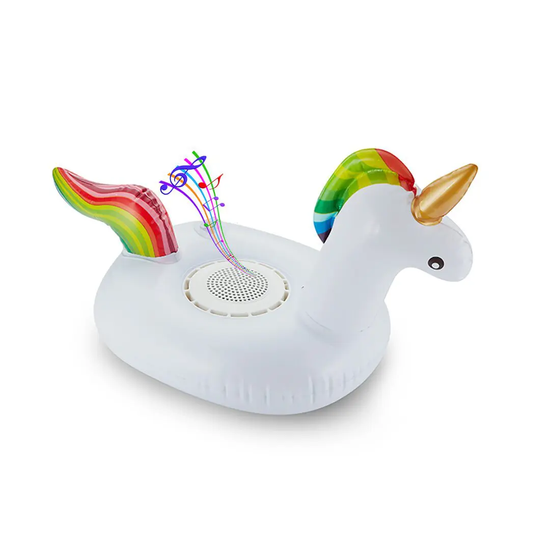White unicorn-shaped floating pool speaker with a rainbow mane and tail, isolated on a white background.