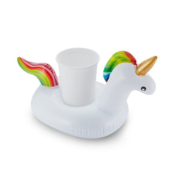 Inflatable unicorn drink holder with a rainbow mane and tail, floating with a white cup in its center holder, isolated on a white background.