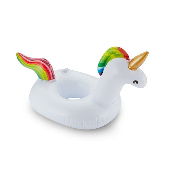 Inflatable unicorn pool float with colorful mane and tail, photographed on a plain white background.