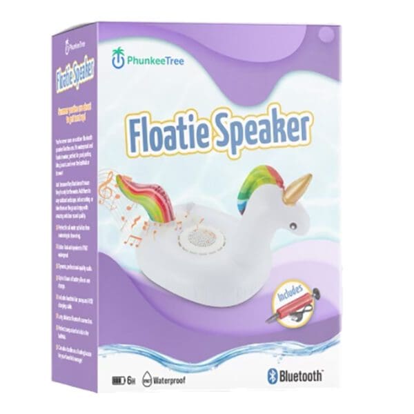 Packaging of a phunkeetree floatie speaker featuring a unicorn design, waterproof and bluetooth capabilities, displayed with a rainbow in the background.