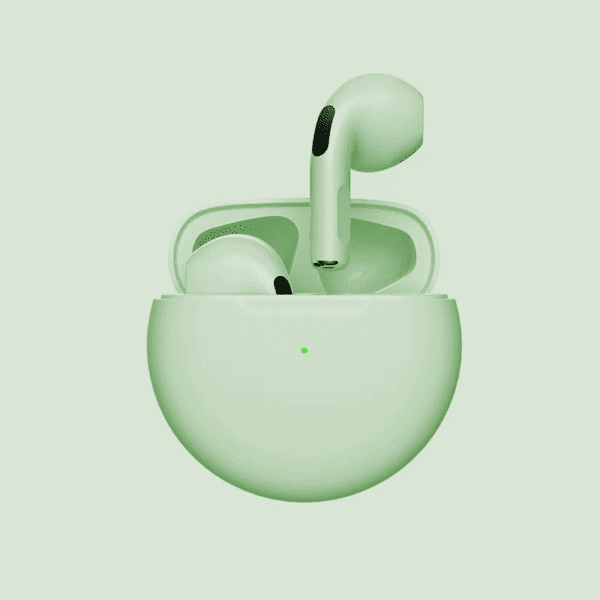 A pair of white wireless earbuds in an open light green charging case, set against a matching light green background.