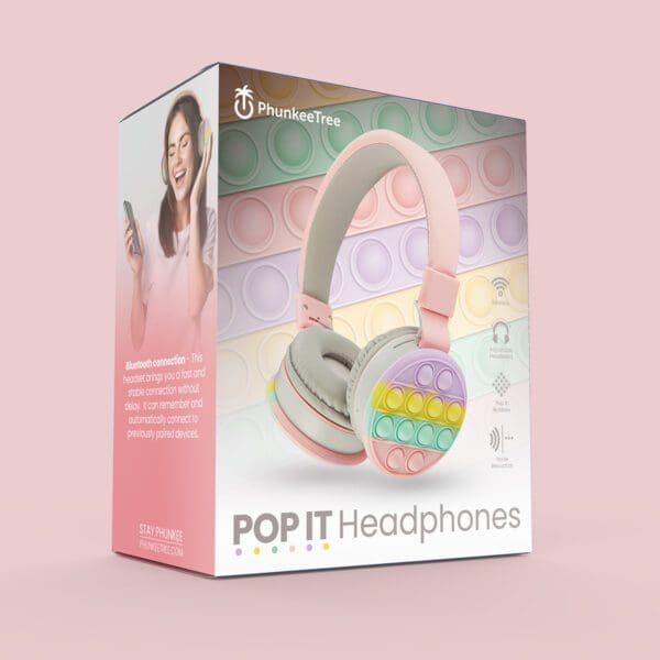 Product packaging of "pop it headphones" by phunkeetree, featuring a woman smiling and using the headphones, against a colorful, abstract background.
