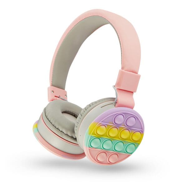 Colorful over-ear headphones with a pop-it fidget toy design on the ear cups and a pastel pink headband.