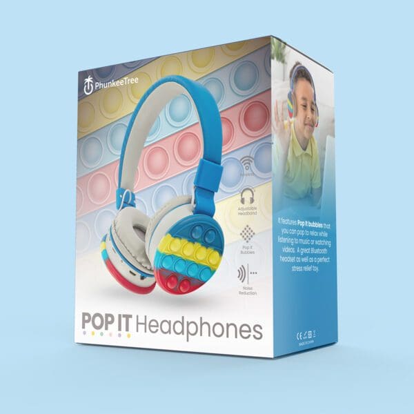 Packaging for "pop it headphones" by phunkeetree featuring a colorful, sensory toy-inspired design, with an image of a smiling child using the headphones.