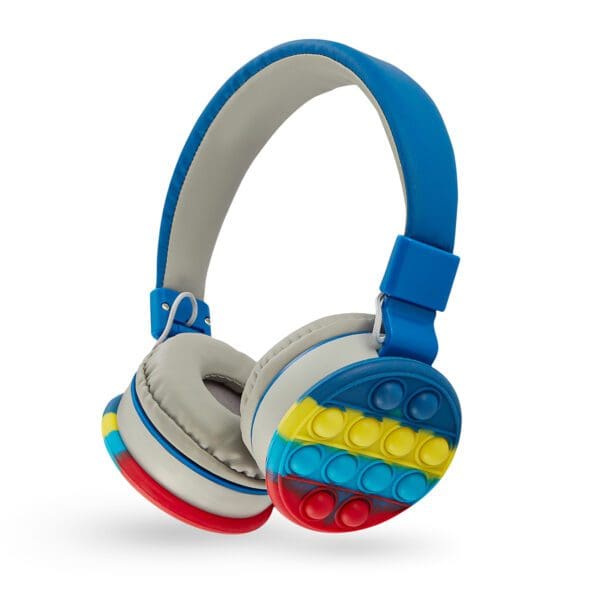 Blue and gray headphones with multicolored pop-it fidget toy elements on the earpieces, isolated on a white background.