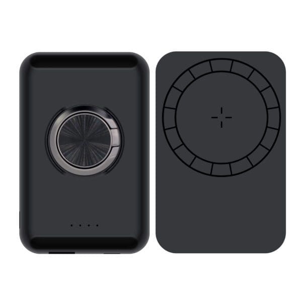 Two black smart devices; left with circular control and led indicators, right with touch interface and plus sign at the center.