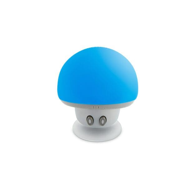 A blue and white mushroom-shaped lamp with a friendly face, isolated on a white background.