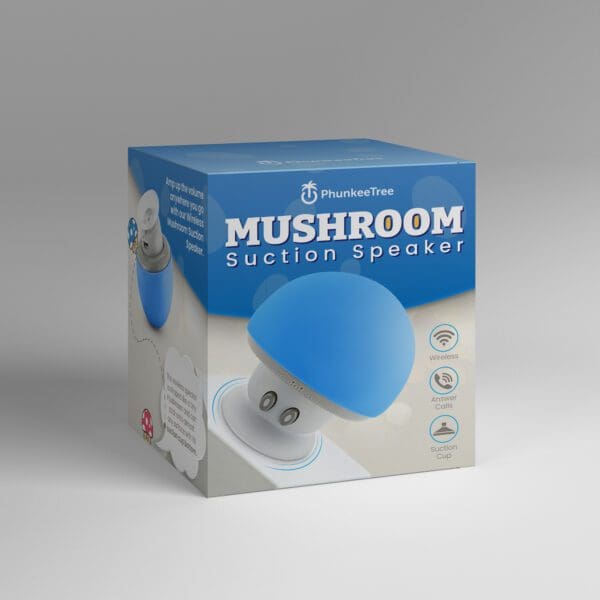 Product packaging for a "mushroom suction speaker" by phunkeetree, featuring a blue and white design with images and icons illustrating the speaker's features.