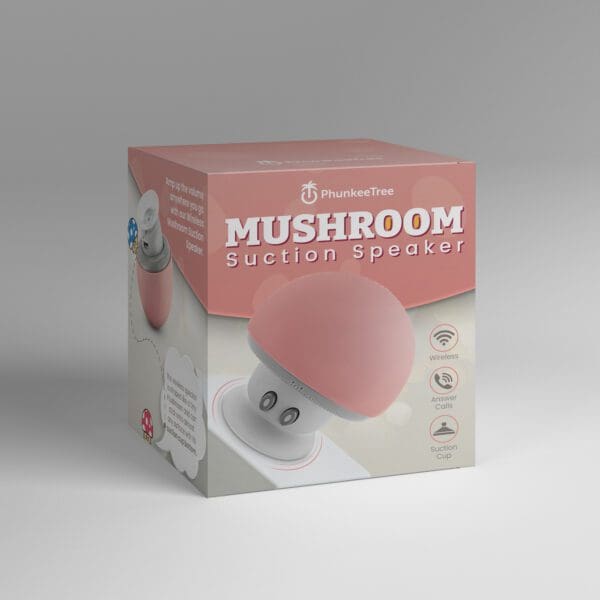 Packaging box for a phunkeetree mushroom suction speaker in pink and white, featuring product images and wireless technology icons.