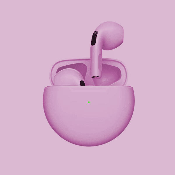Pink wireless earbuds with one earpiece outside of its matching charging case, against a pink background.