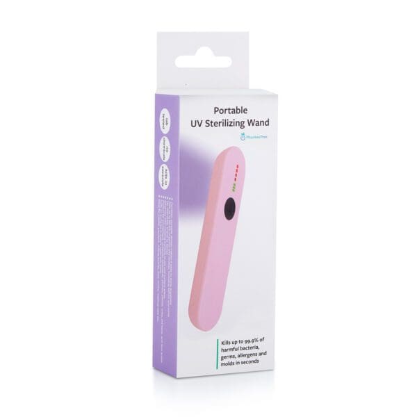 A portable uv sterilizing wand in its packaging, highlighting its ability to kill up to 99% of germs, displayed in a purple and white box.