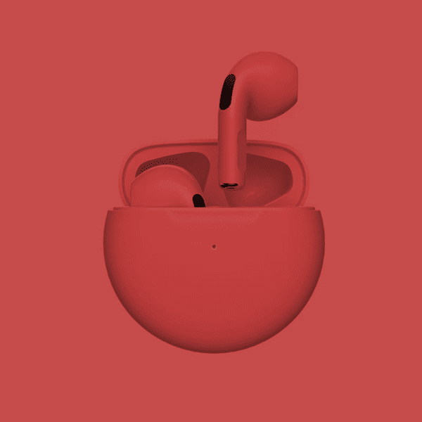 Red wireless earbuds in an open charging case against a matching red background, with a visible green status light.