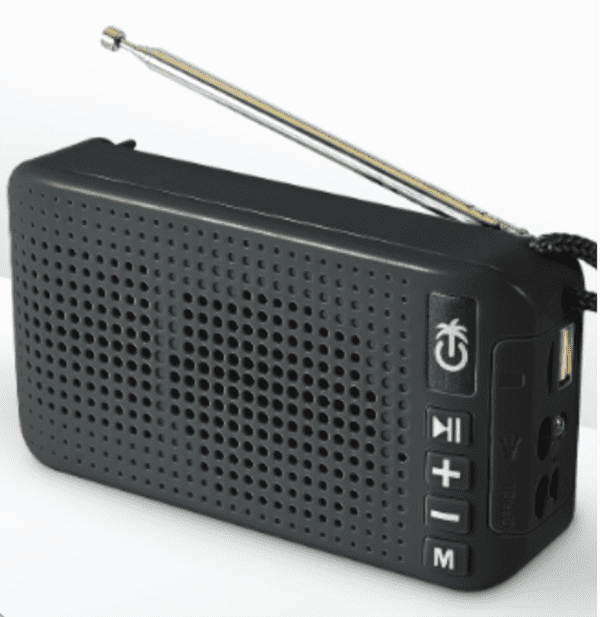 Black portable radio with antenna extended, featuring speaker grille, control buttons, and a carrying strap on a white background.
