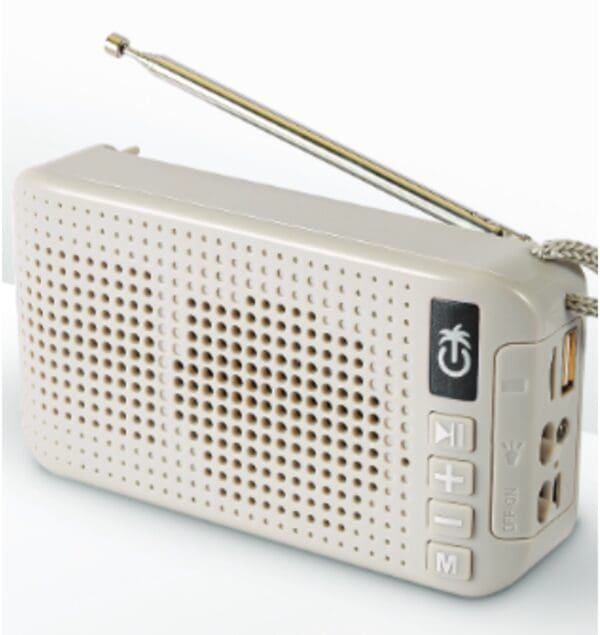 A small white portable radio with a telescopic antenna, featuring button controls and speaker grille on its front.