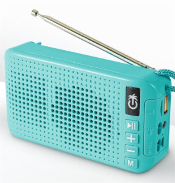 A turquoise portable radio with an extended antenna, featuring large buttons and a speaker grid on the front.
