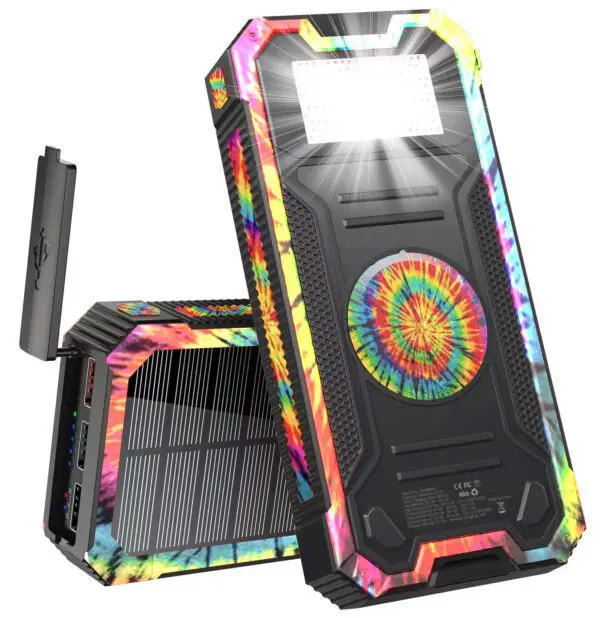 A vibrant gaming desktop computer with a psychedelic, colorful case design and a prominent cooling fan visible on the side.