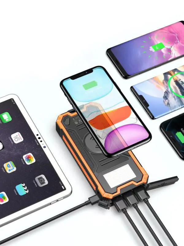 Several smartphones displaying colorful screens, arranged around a central phone mounted on a black tripod.