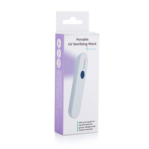 A portable uv sterilizing wand in its packaging, highlighting its ability to kill up to 99% of germs, allergens, and molds in seconds.