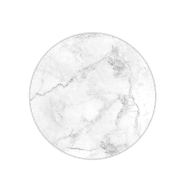 Round marble coaster with gray veining on a white background.