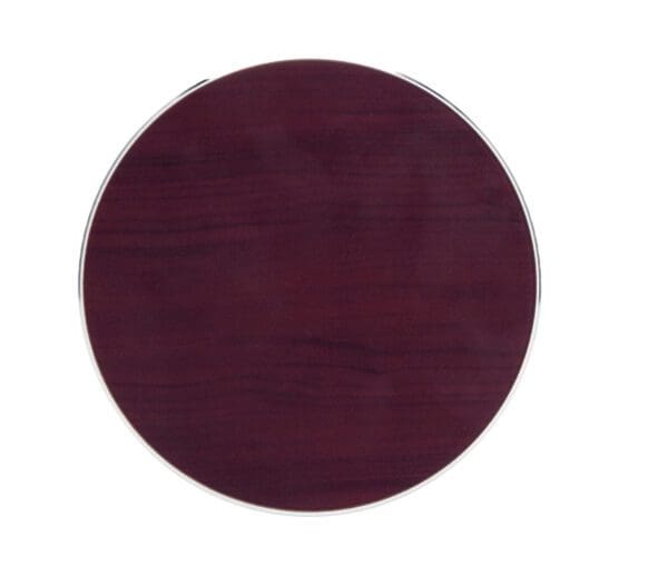 Circular deep purple wooden tray with a metallic rim, isolated on a white background.