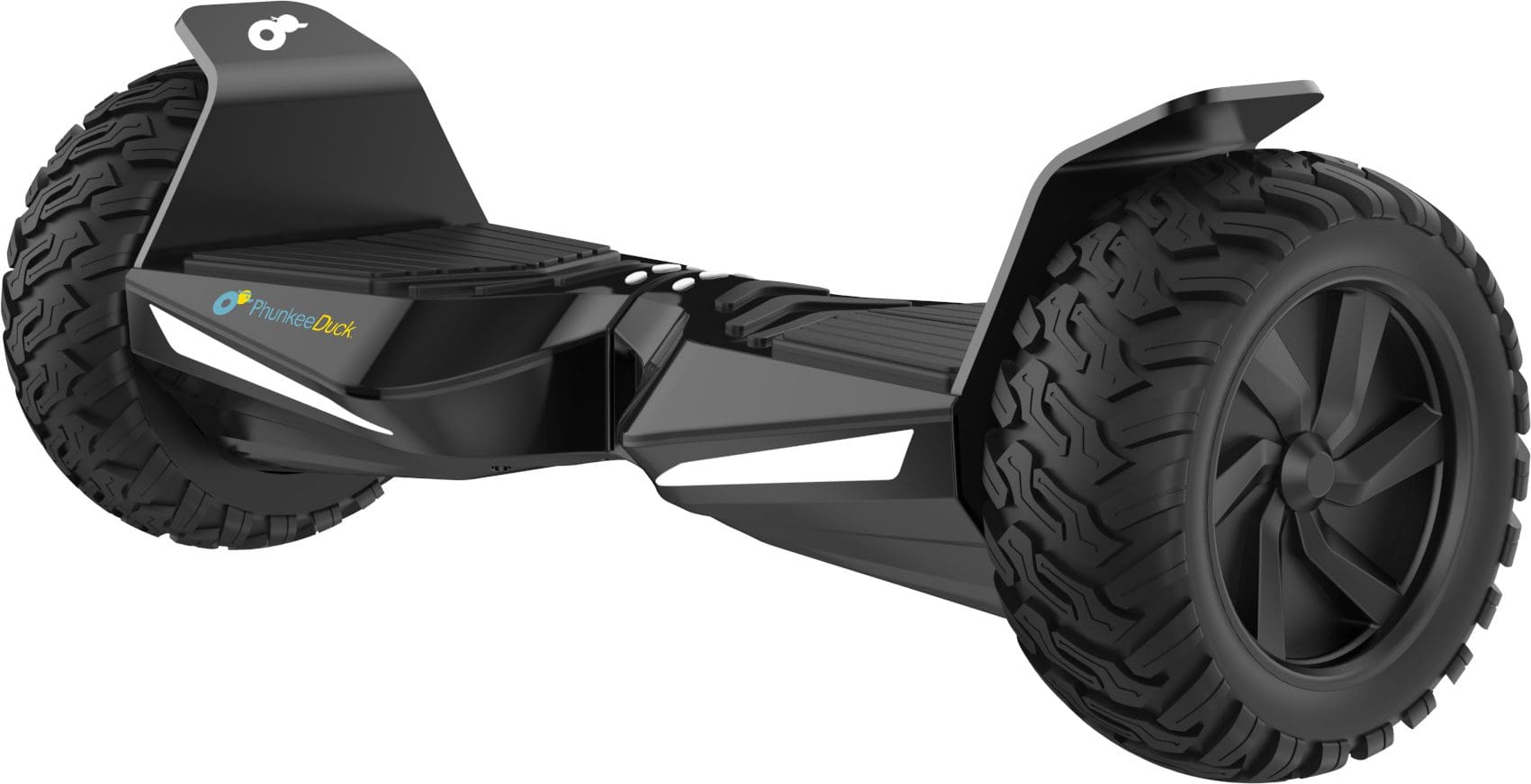 Black self-balancing electric scooter with rugged tires and a modern design, isolated on a white background.