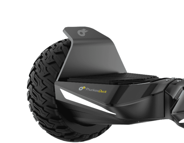 Electric unicycle with a large textured wheel, a foot platform, and a rear fender, featuring the logo "phunkeeduck" on the side.