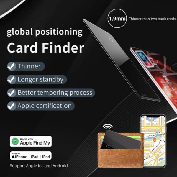 Advertisement for a Card Tracker positioning finder with features such as apple certification and compatibility with ios and android, displayed alongside visual comparisons and icons.