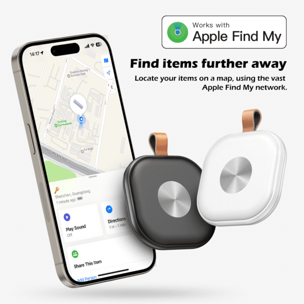 Smartphone displaying apple find my app map with two Tag Trackers, one leather-bound key tracker and one white, indicating location tracking feature on the Apple Find My network.