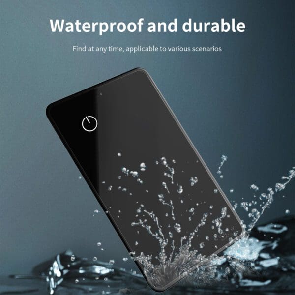 A Card Tracker surrounded by splashing water, depicting its waterproof features, with text "waterproof and durable" above.