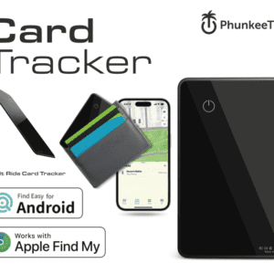 Promotional image for Card Tracker, featuring the device with a smartphone and tablet, highlighting compatibility with android and apple find my.