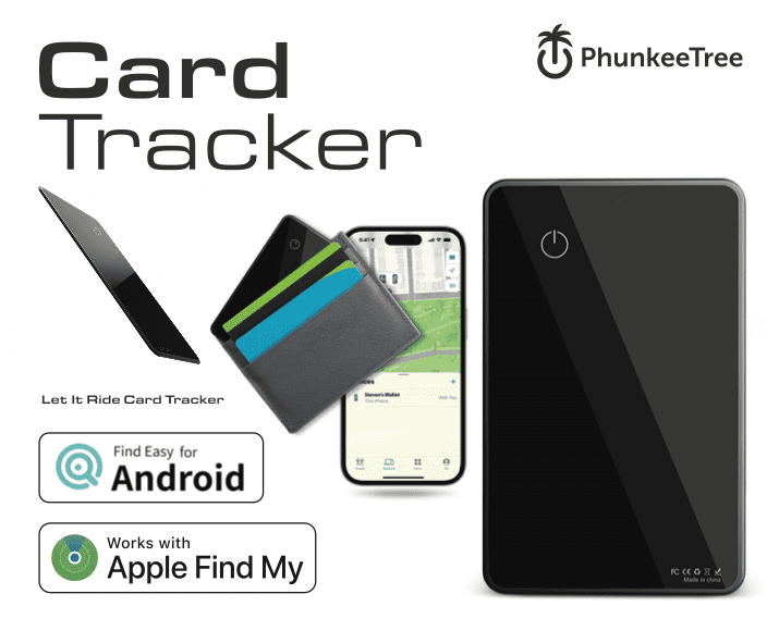 Promotional image for Card Tracker, featuring the device with a smartphone and tablet, highlighting compatibility with android and apple find my.