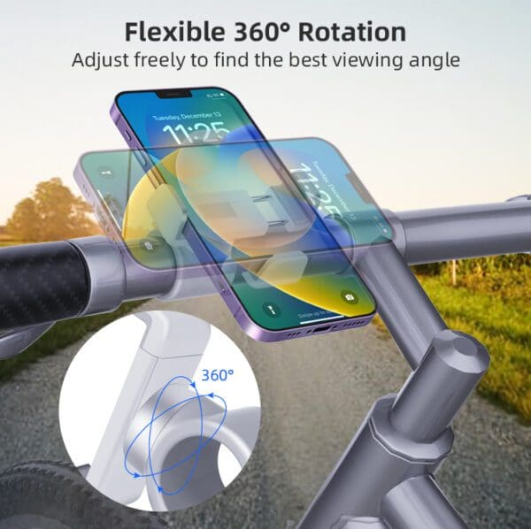 Phone Mount Clamp mounted on a bike handlebar showing a time of 11:25. the mount features a flexible 360° rotation mechanism for adjustable viewing angles.