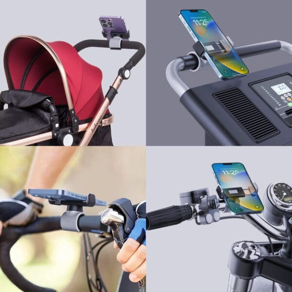 Sentence with product name: Collage of a Phone Mount Clamp attached to various handles, including a stroller, treadmill, bicycle, and motorcycle, displaying the device's versatility.