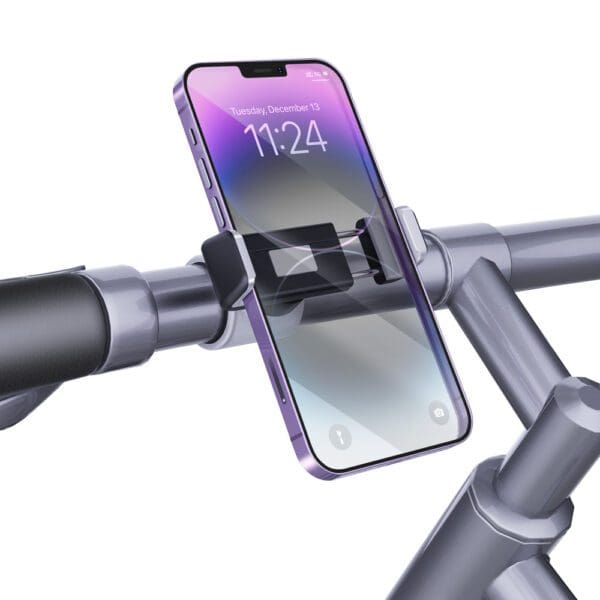 Phone Mount Clamp mounted on a bike handlebar holder showing the lock screen with time display.