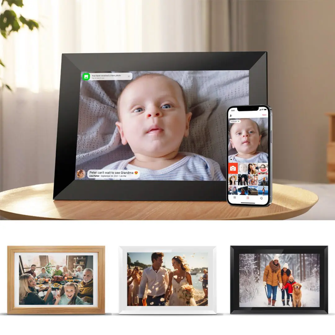 A {Digital Picture & Video Frame} displaying a baby, alongside a smartphone showing the same image, with other framed family photos around it.