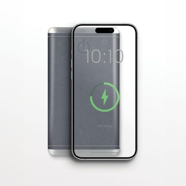Smartphone with Grey - Leather 5K Wireless Charging Power Bank, displaying its charging status on screen, isolated on a white background.