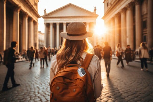 Woman with Solar Wireless Earbuds facing a historic building at sunset, surrounded by people in a bustling city square.
